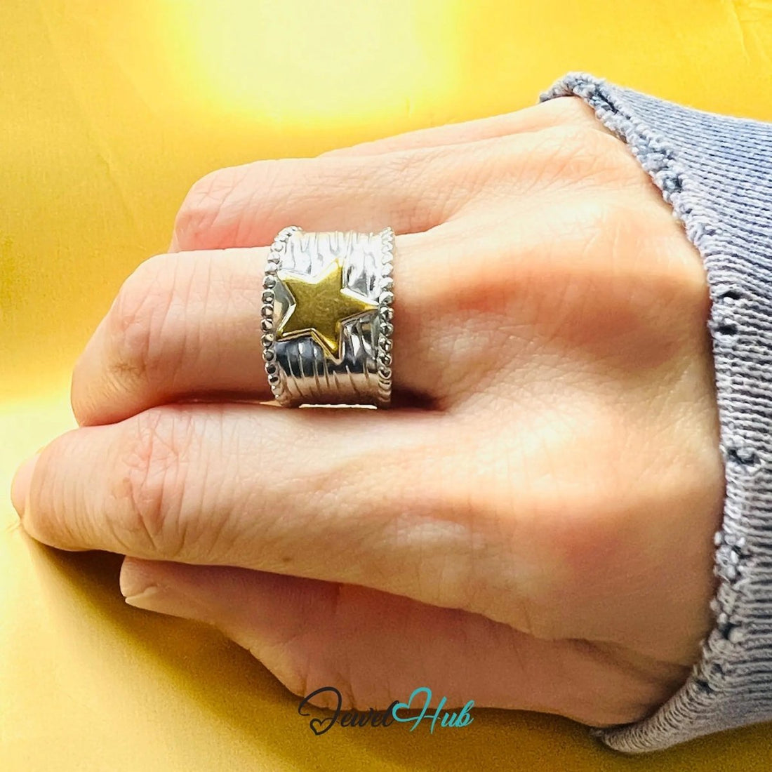 DuoTone StarCrest Stainless Steel Ring · Adjustable OPQ · Sculptural Star - JewelHub.co.uk