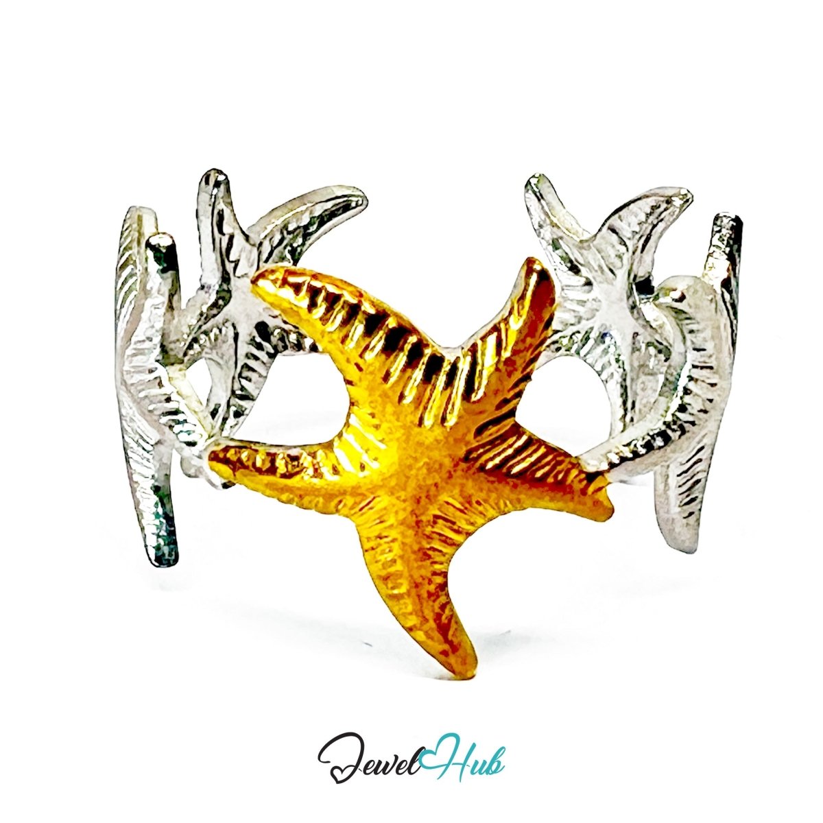 DuoTone StarDance Ring · Stainless Steel · Adjustable MNOPQ · Gold & Silver Starfish Band - JewelHub.co.uk