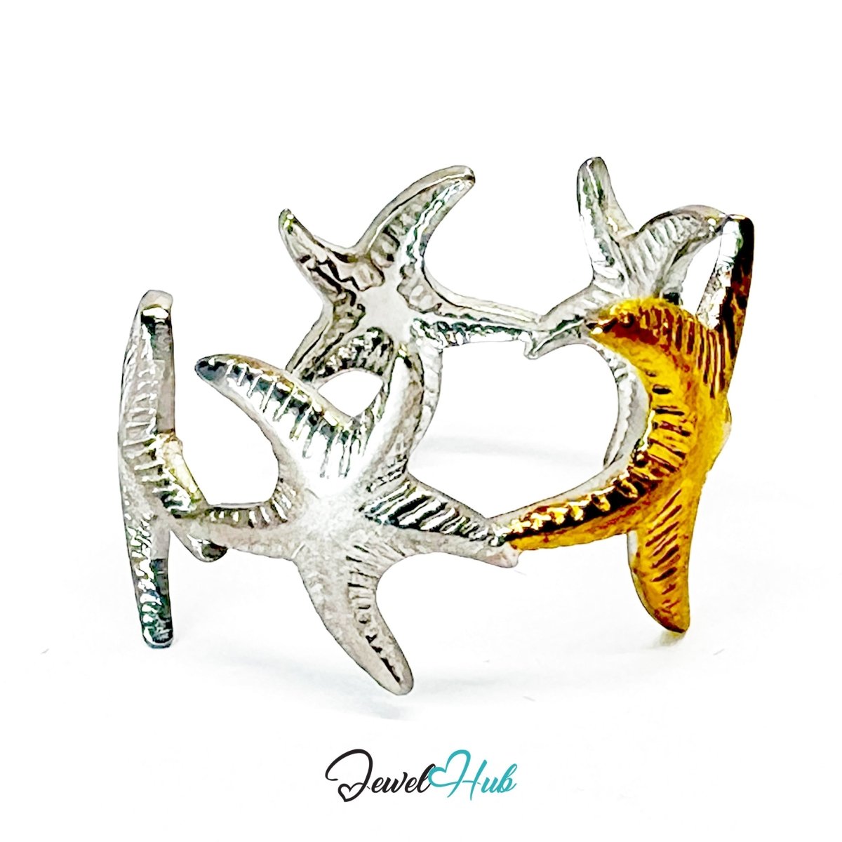 DuoTone StarDance Ring · Stainless Steel · Adjustable MNOPQ · Gold & Silver Starfish Band - JewelHub.co.uk