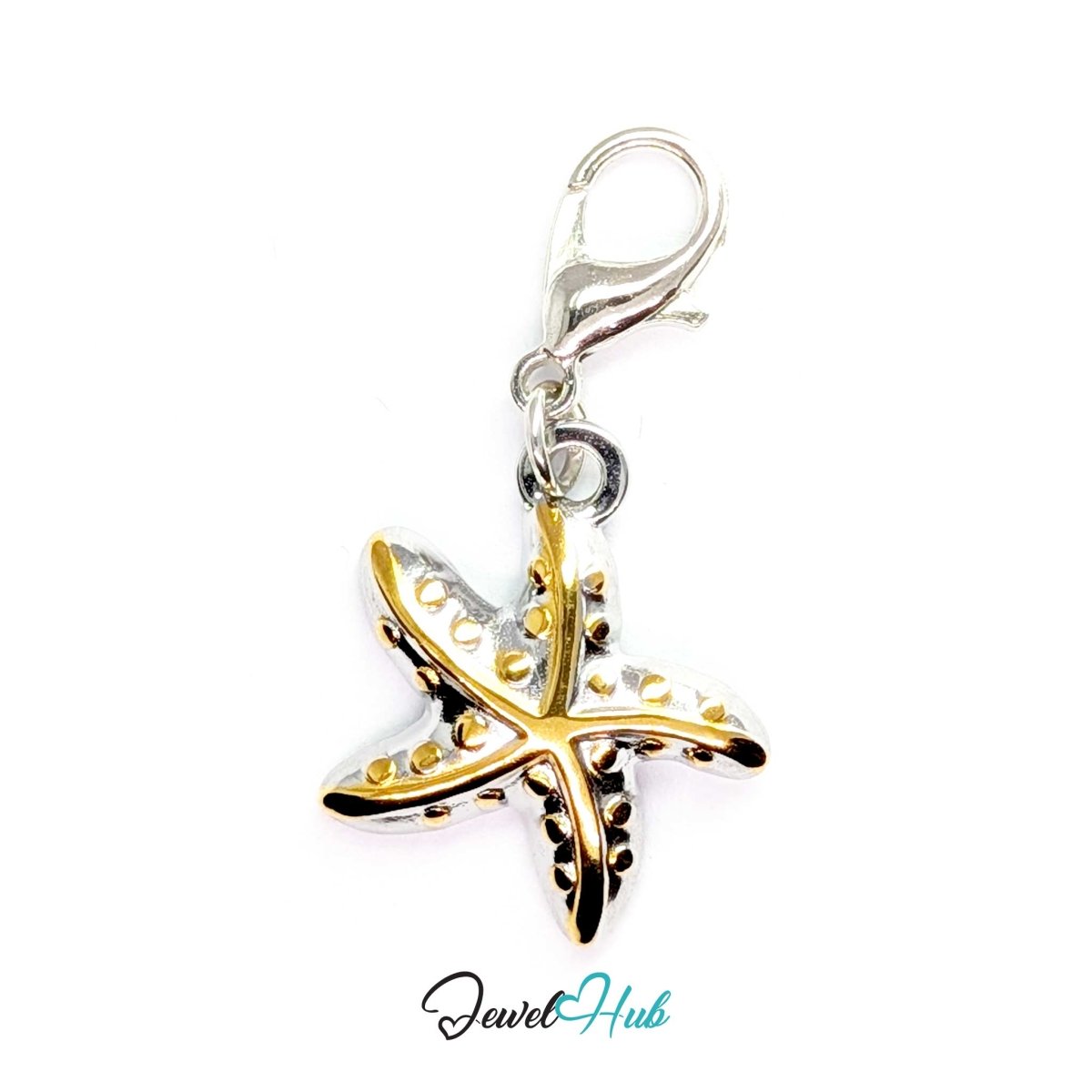 Gold DuoTone Starfish charm fitted with a lobster clasp, ready to clip onto a bracelet, bag or keyring - JewelHub