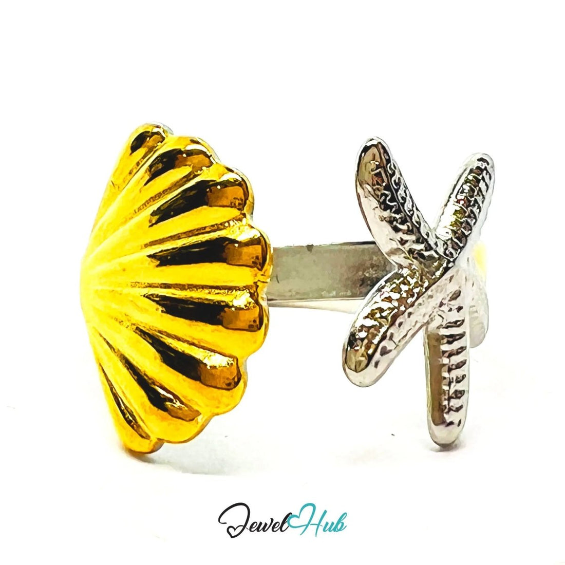 DuoTone StarShell Stainless Steel Ring · Adjustable OPQ · Ocean - inspired - JewelHub.co.uk
