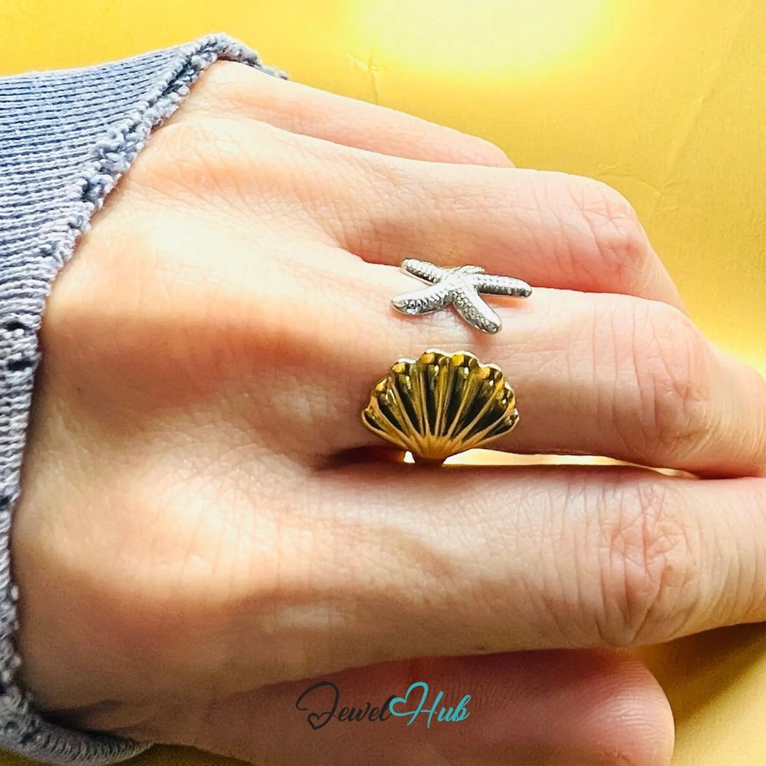 DuoTone StarShell Stainless Steel Ring · Adjustable OPQ · Ocean - inspired - JewelHub.co.uk