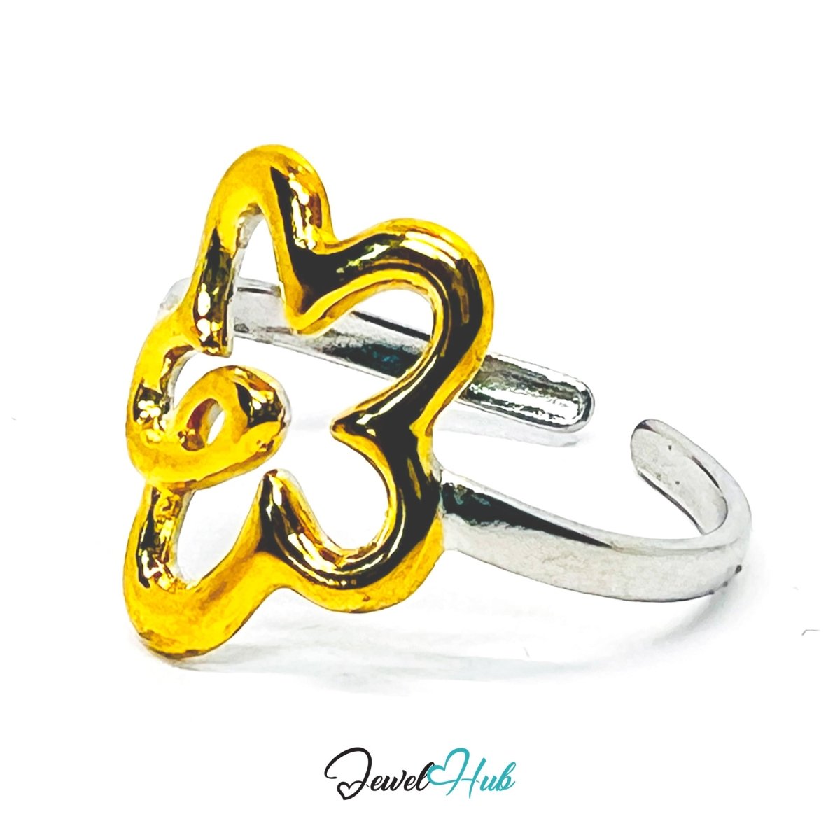 DuoTone Sunflower Ring · Stainless Steel · Adjustable PQRST · Gold & Silver Floral - JewelHub.co.uk