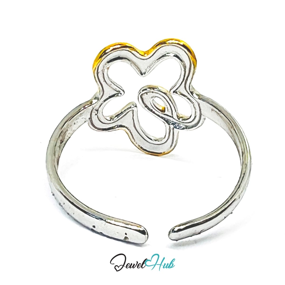 DuoTone Sunflower Ring · Stainless Steel · Adjustable PQRST · Gold & Silver Floral - JewelHub.co.uk