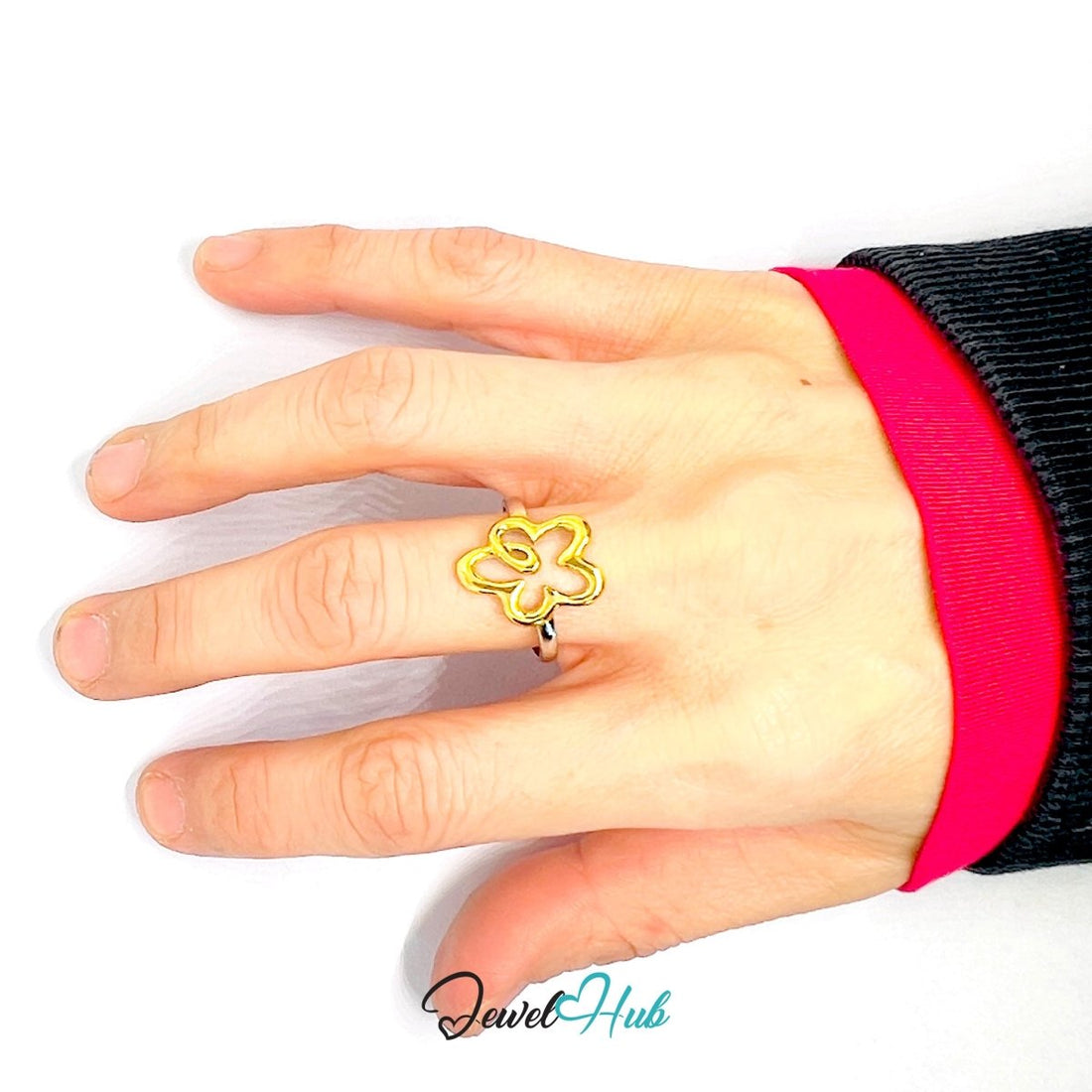 DuoTone Sunflower Ring · Stainless Steel · Adjustable PQRST · Gold & Silver Floral - JewelHub.co.uk