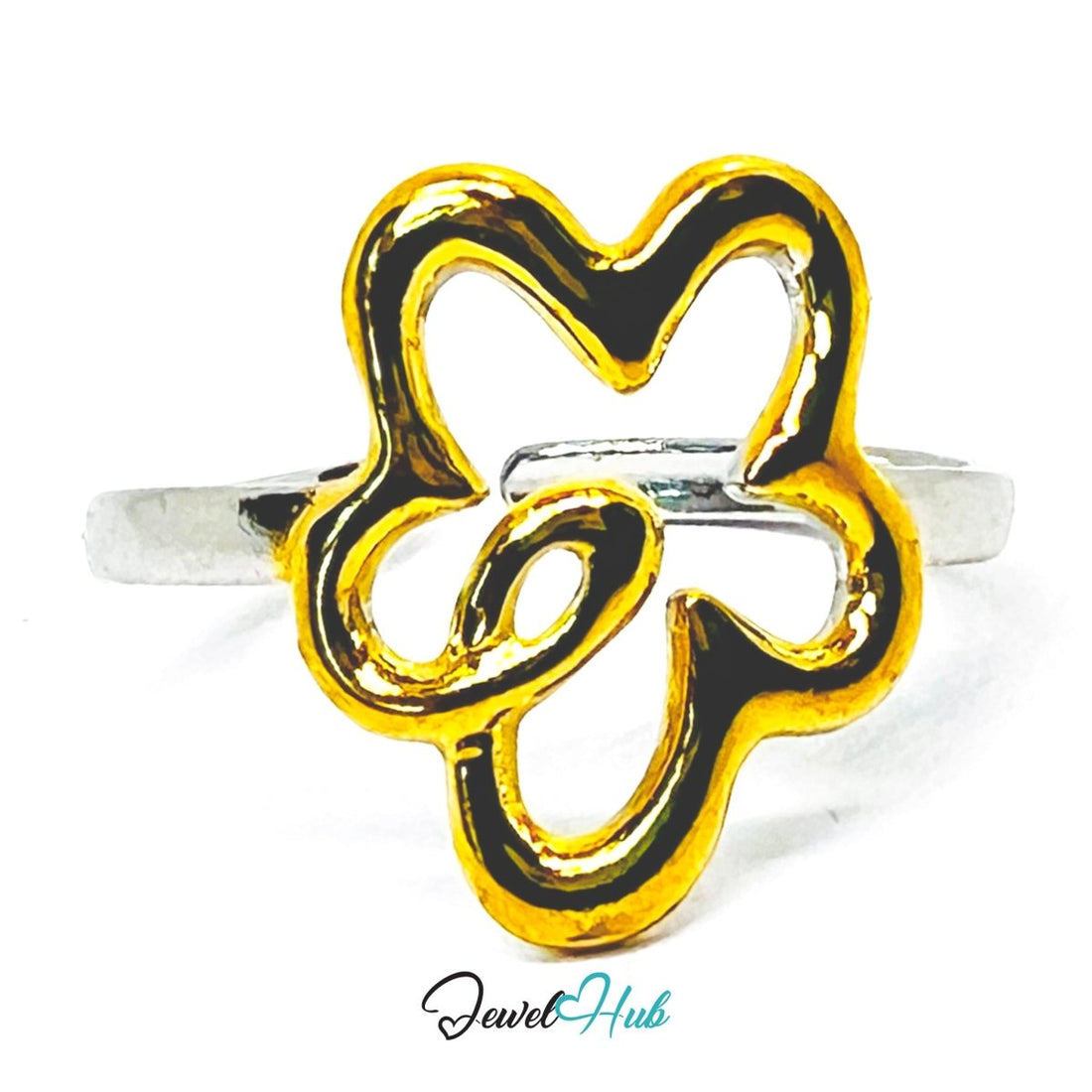 DuoTone Sunflower Ring · Stainless Steel · Adjustable PQRST · Gold & Silver Floral - JewelHub.co.uk