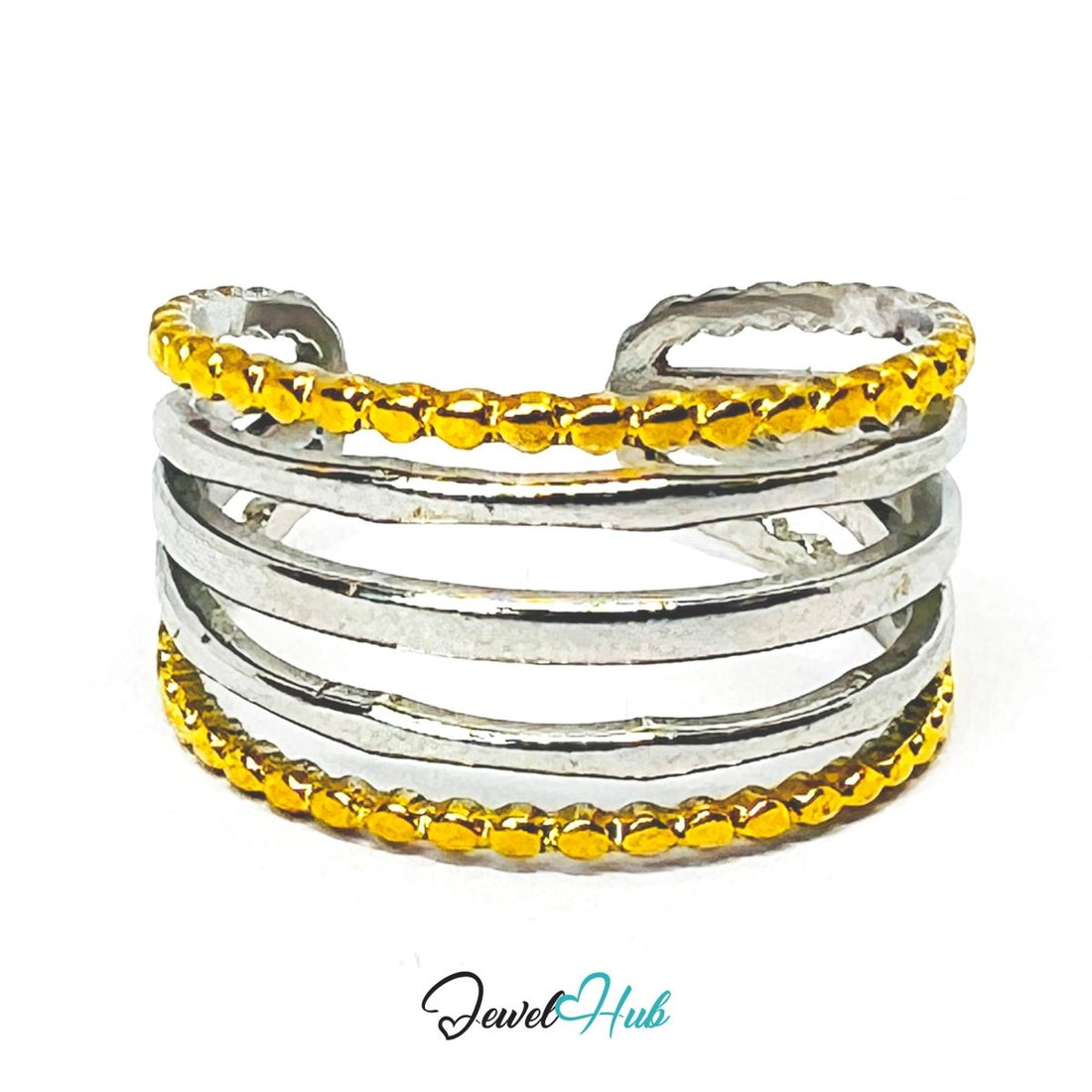 DuoTone TrioBand Braid Ring · Stainless Steel · Adjustable MNOPQ · Gold Braids & Silver Bands - JewelHub.co.uk