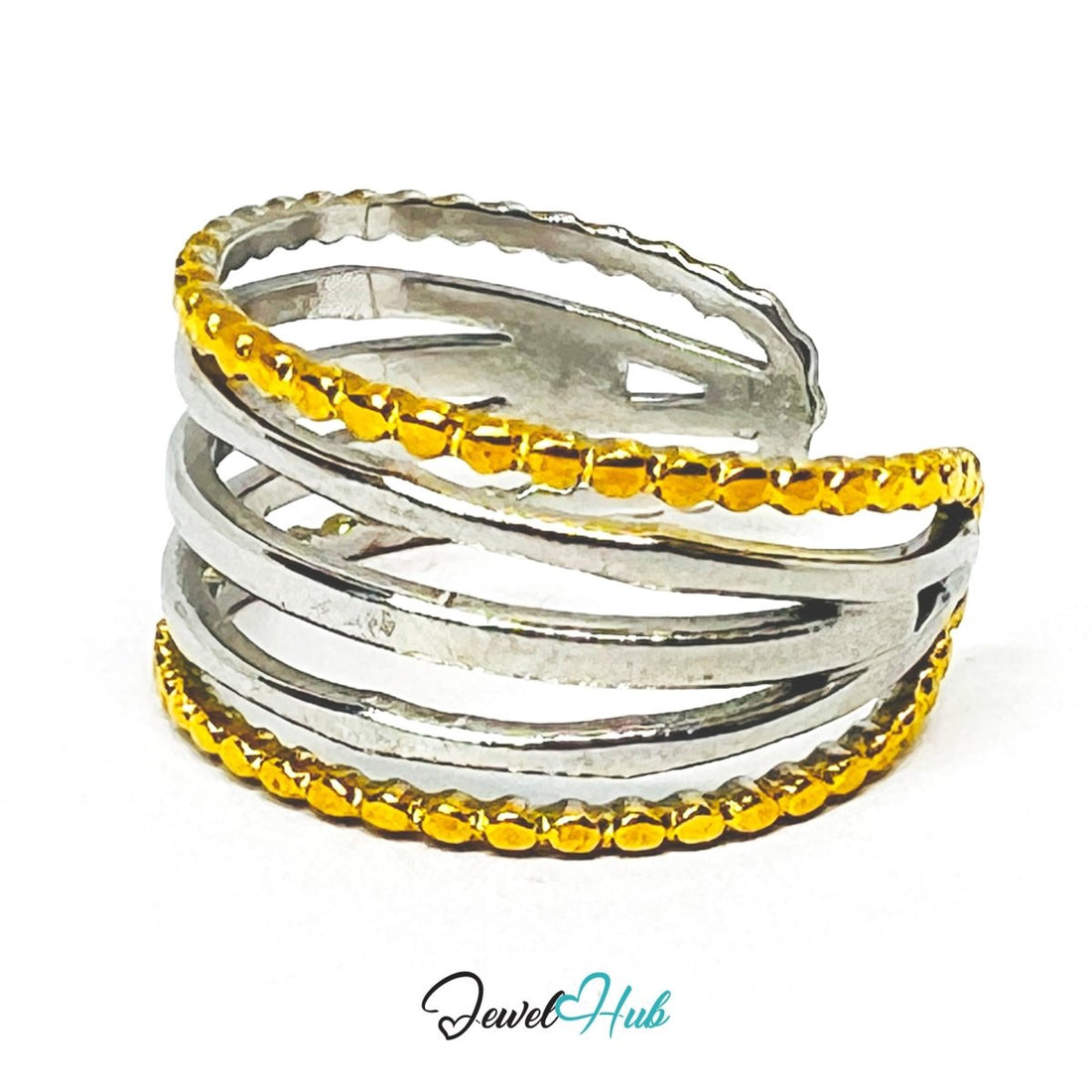 DuoTone TrioBand Braid Ring · Stainless Steel · Adjustable MNOPQ · Gold Braids & Silver Bands - JewelHub.co.uk