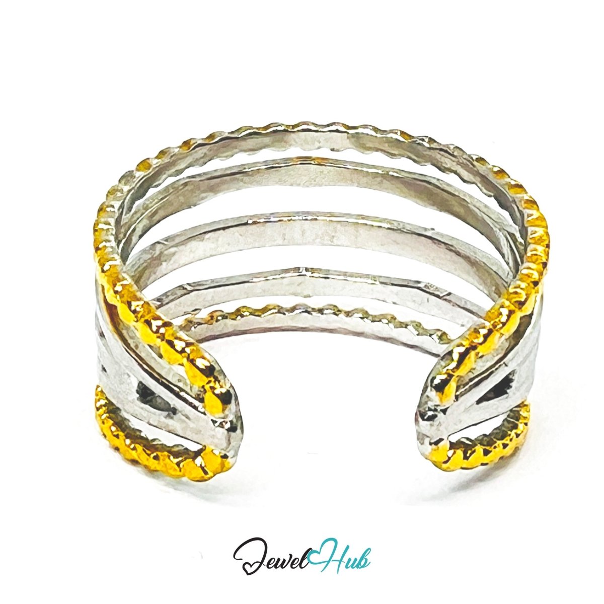 DuoTone TrioBand Braid Ring · Stainless Steel · Adjustable MNOPQ · Gold Braids & Silver Bands - JewelHub.co.uk