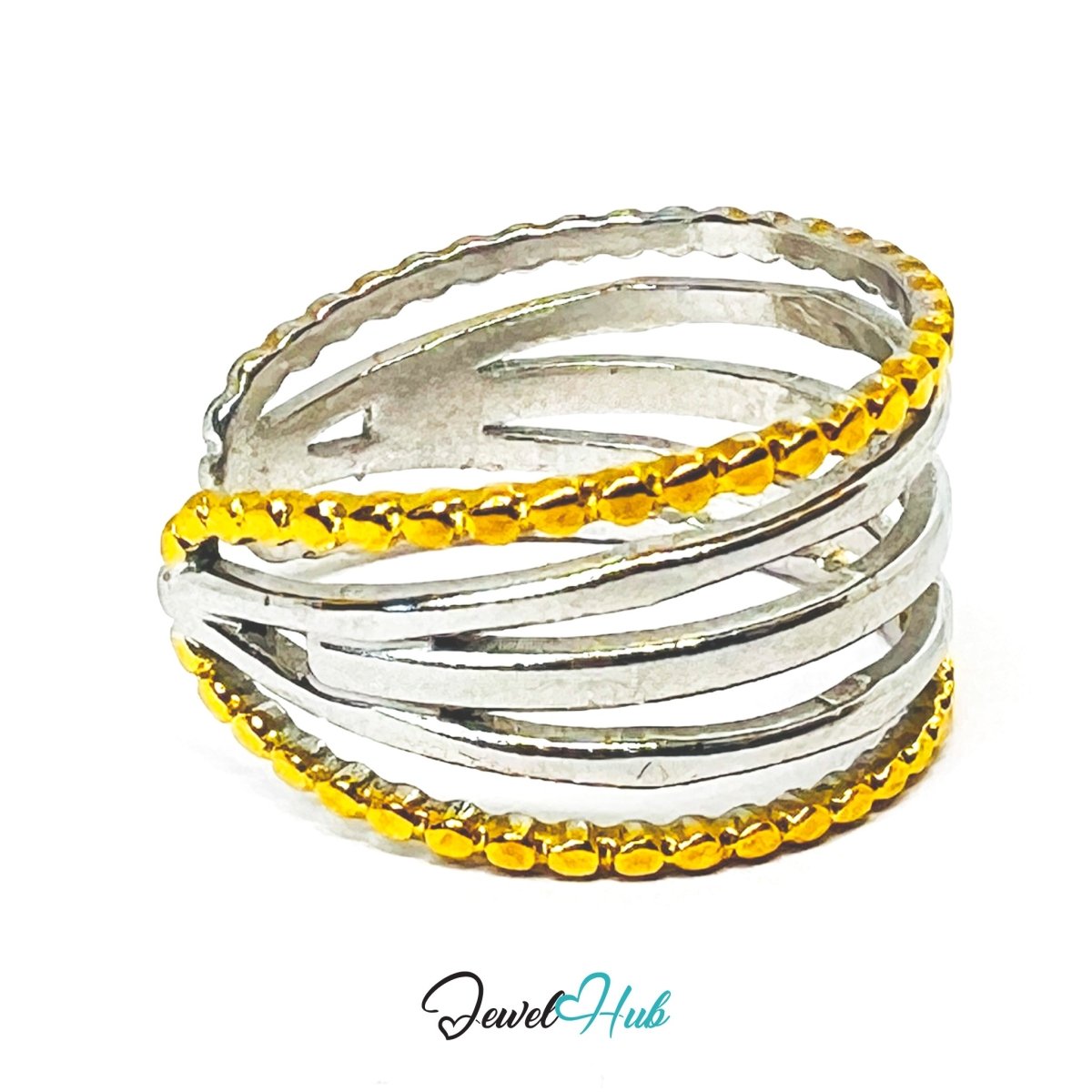 DuoTone TrioBand Braid Ring · Stainless Steel · Adjustable MNOPQ · Gold Braids & Silver Bands - JewelHub.co.uk