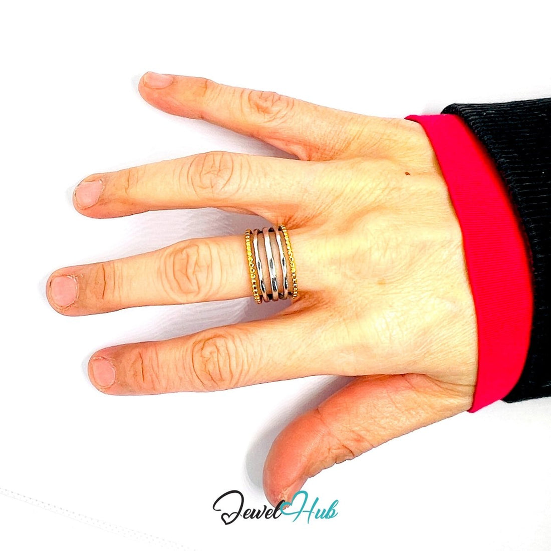 DuoTone TrioBand Braid Ring · Stainless Steel · Adjustable MNOPQ · Gold Braids & Silver Bands - JewelHub.co.uk