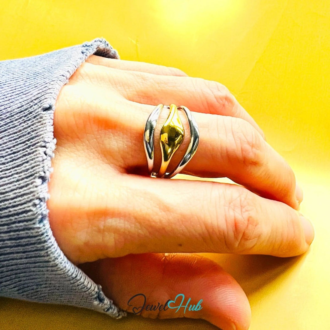 DuoTone TrioBand Ring · Stainless Steel · Adjustable OPQ · Everyday Sculptural Statement - JewelHub.co.uk