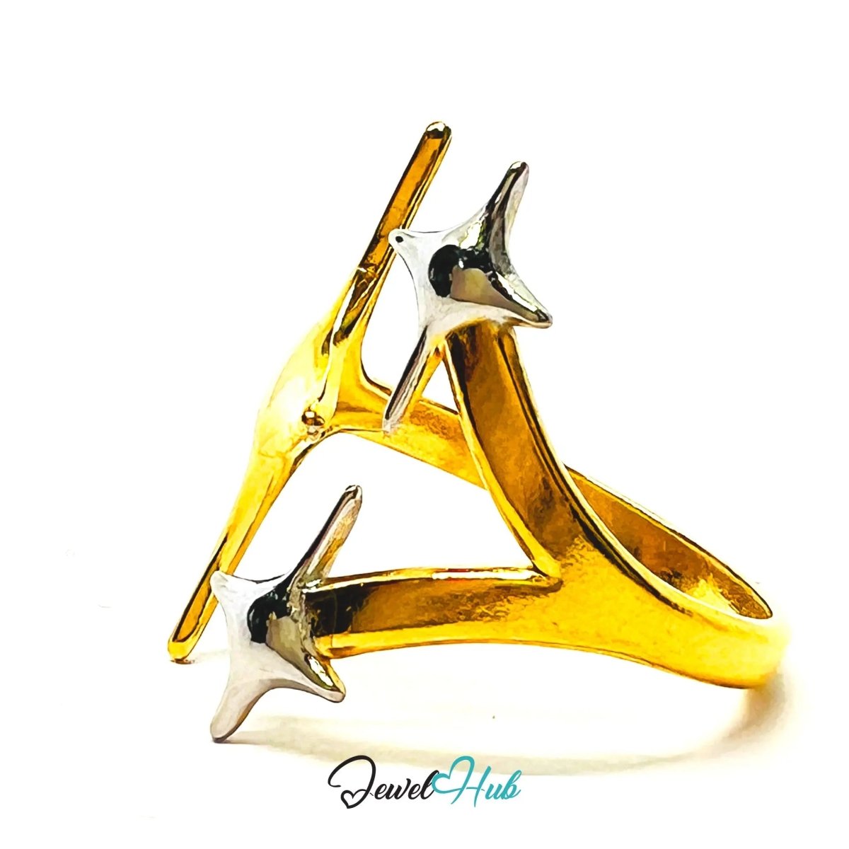 DuoTone TrioStar Stainless Steel Ring · Adjustable QRS · Sculptural Triple - Star Design - JewelHub.co.uk