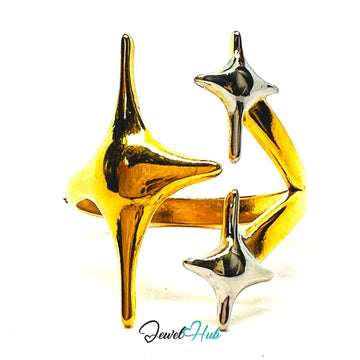 DuoTone TrioStar Stainless Steel Ring · Adjustable QRS · Sculptural Triple - Star Design - JewelHub.co.uk