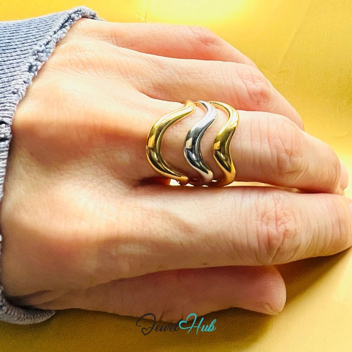 DuoTone TrioWaveForm Stainless Steel Ring · Adjustable NOP · Interwoven Bands - JewelHub.co.uk