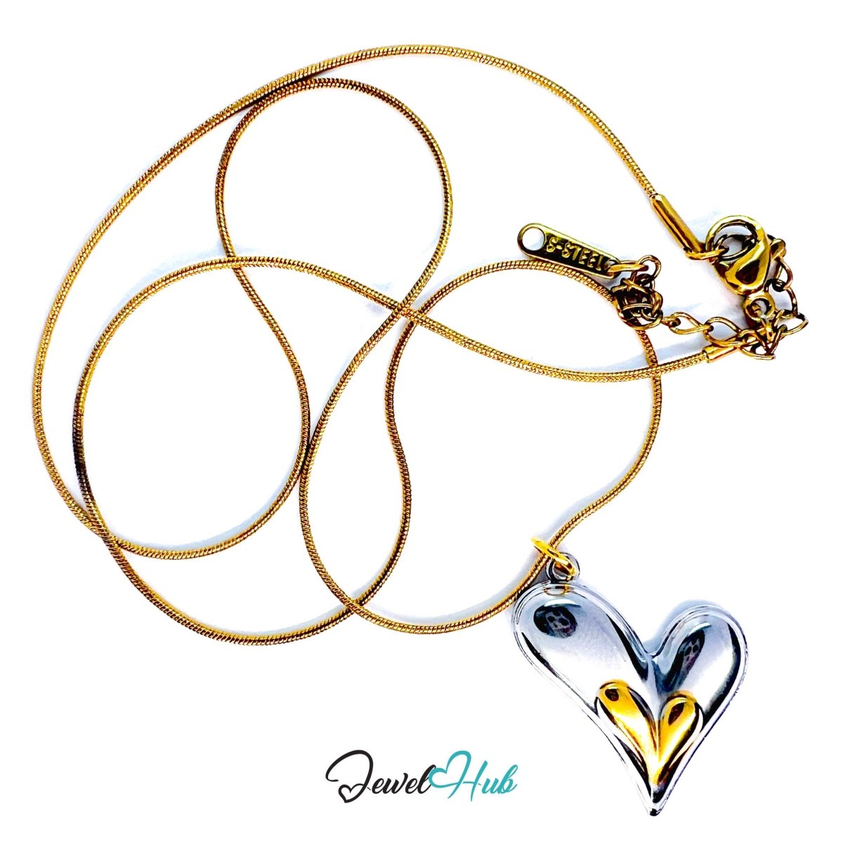 DuoTone Twin Curve Heart Pendant Gold Core Silver Steel Charm - JewelHub.co.uk