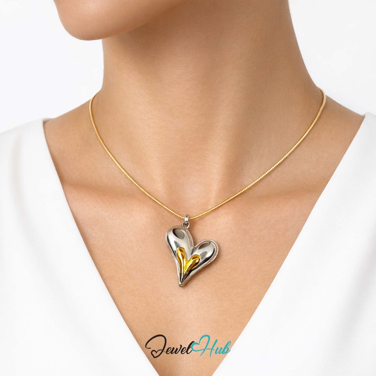 DuoTone Twin Curve Heart Pendant Gold Core Silver Steel Charm - JewelHub.co.uk