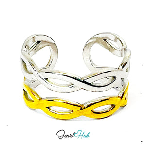 DuoTone TwistBand Ring · Stainless Steel · Adjustable MNOPQ · Gold & Silver Interwoven Bands - JewelHub.co.uk