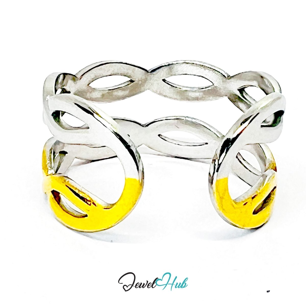 DuoTone TwistBand Ring · Stainless Steel · Adjustable MNOPQ · Gold & Silver Interwoven Bands - JewelHub.co.uk