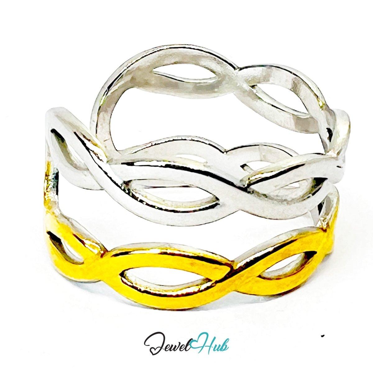 DuoTone TwistBand Ring · Stainless Steel · Adjustable MNOPQ · Gold & Silver Interwoven Bands - JewelHub.co.uk
