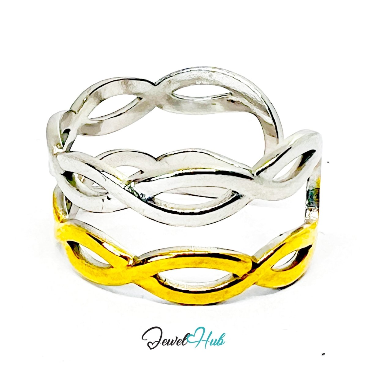 DuoTone TwistBand Ring · Stainless Steel · Adjustable MNOPQ · Gold & Silver Interwoven Bands - JewelHub.co.uk