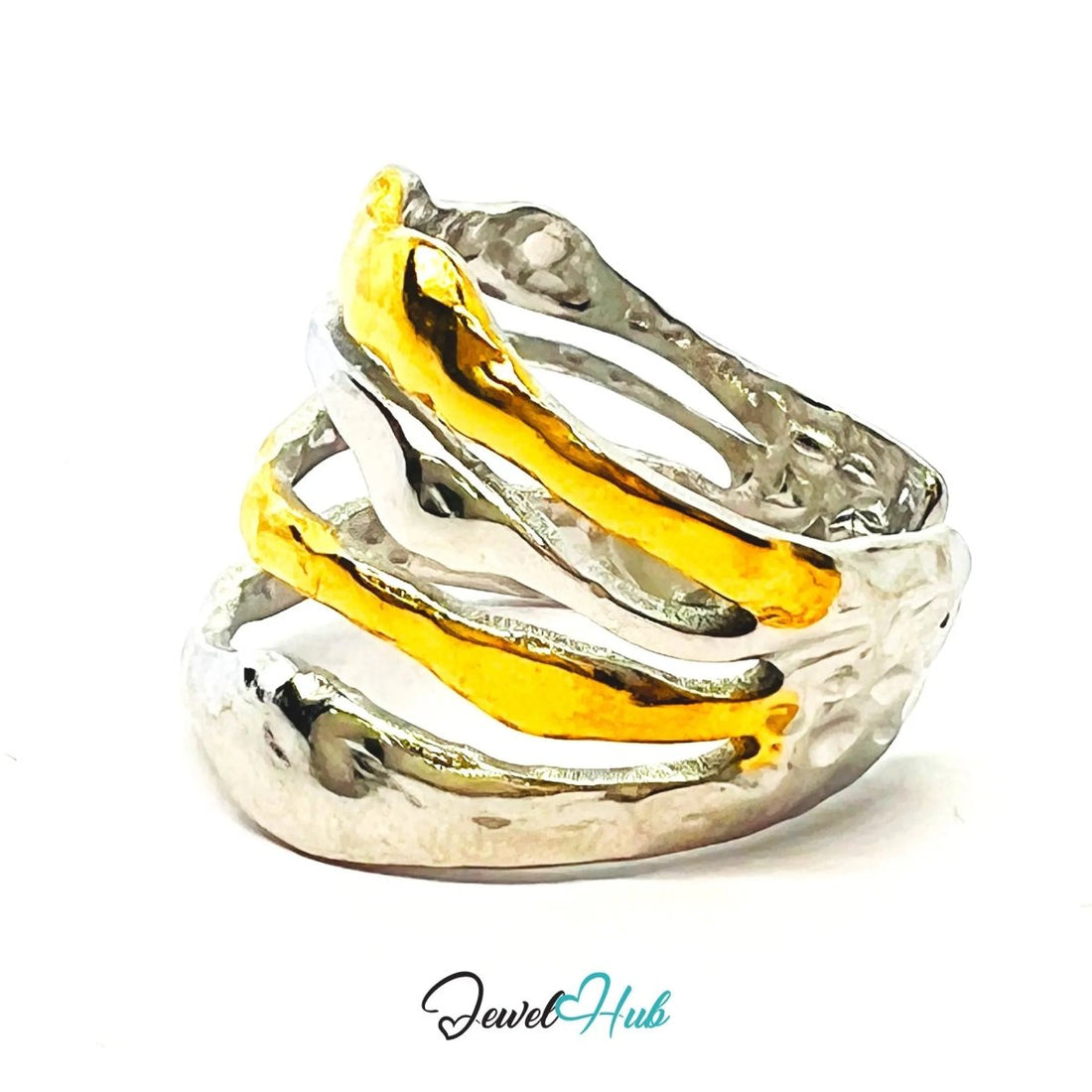 DuoTone WaveStack Ring · Stainless Steel · Adjustable NOP · Sculptural Everyday Jewellery - JewelHub.co.uk