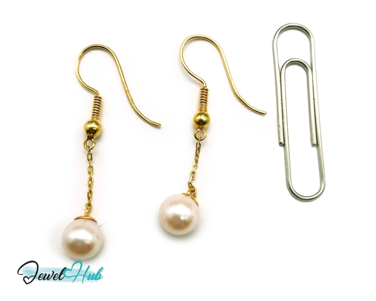 Elegant 14k (585) Solid Gold Peachy Pink Pearl Dangling Earrings - JewelHub.co.uk