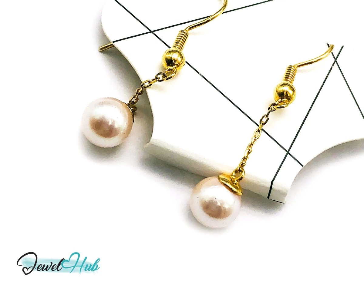 Elegant 14k (585) Solid Gold Peachy Pink Pearl Dangling Earrings - JewelHub.co.uk