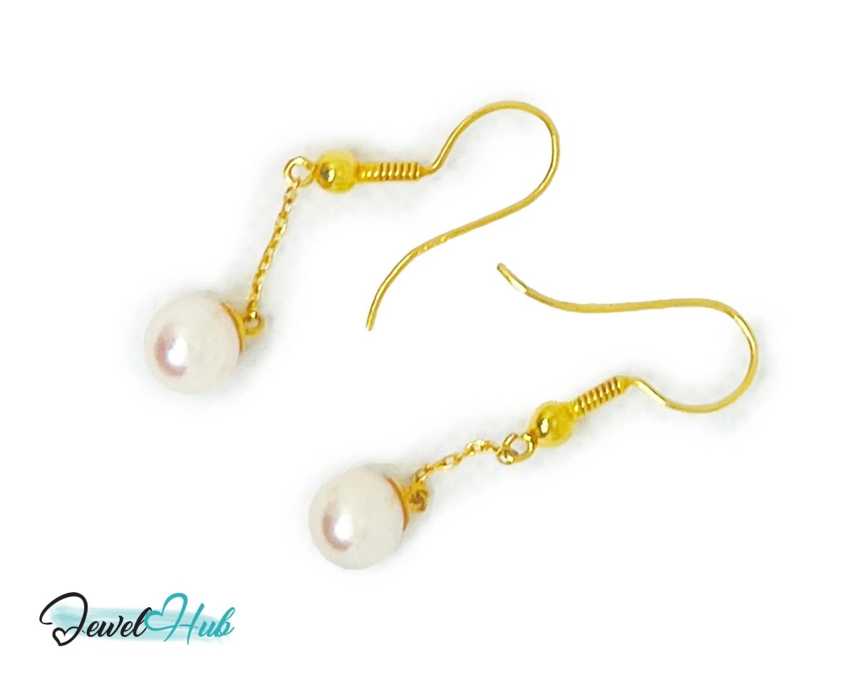 Elegant 14k (585) Solid Gold Peachy Pink Pearl Dangling Earrings - JewelHub.co.uk