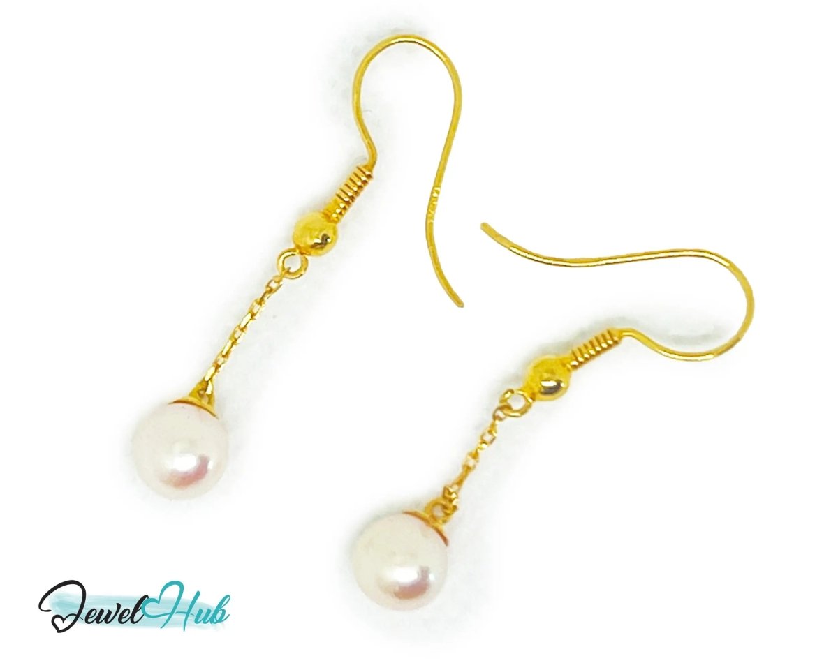 Elegant 14k (585) Solid Gold Peachy Pink Pearl Dangling Earrings - JewelHub.co.uk
