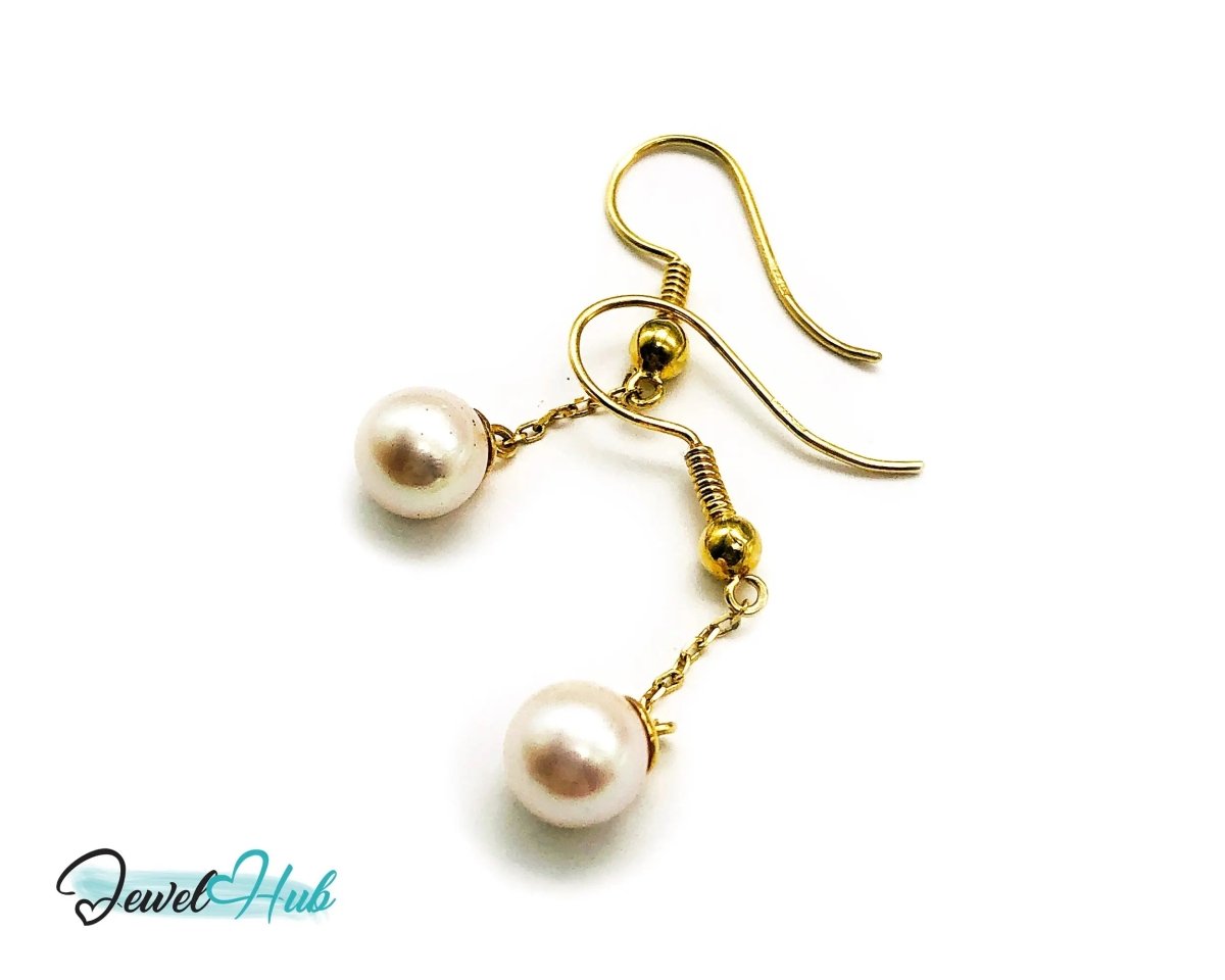 Elegant 14k (585) Solid Gold Peachy Pink Pearl Dangling Earrings - JewelHub.co.uk