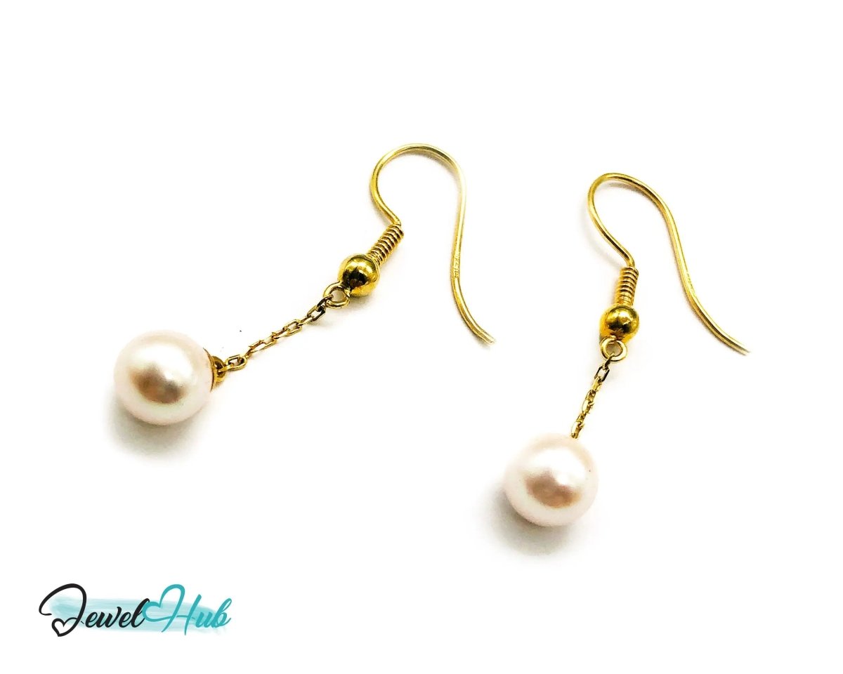 Elegant 14k (585) Solid Gold Peachy Pink Pearl Dangling Earrings - JewelHub.co.uk