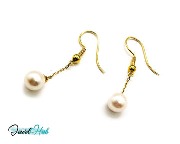 Elegant 14k (585) Solid Gold Peachy Pink Pearl Dangling Earrings - JewelHub.co.uk