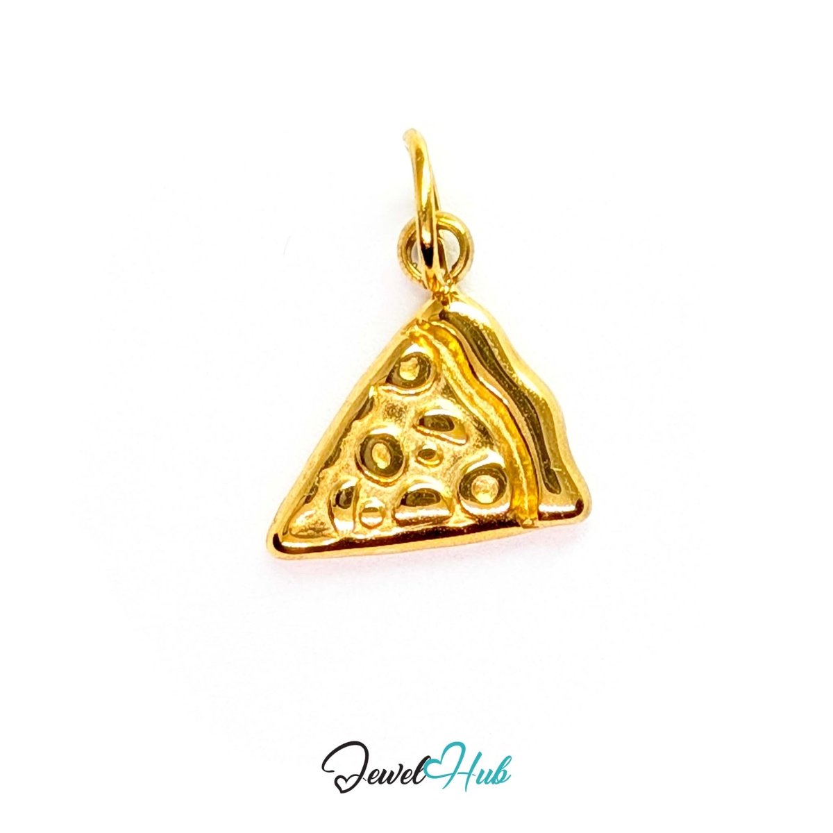 Embossed pizza slice charm in gold stainless steel - front view - JewelHub