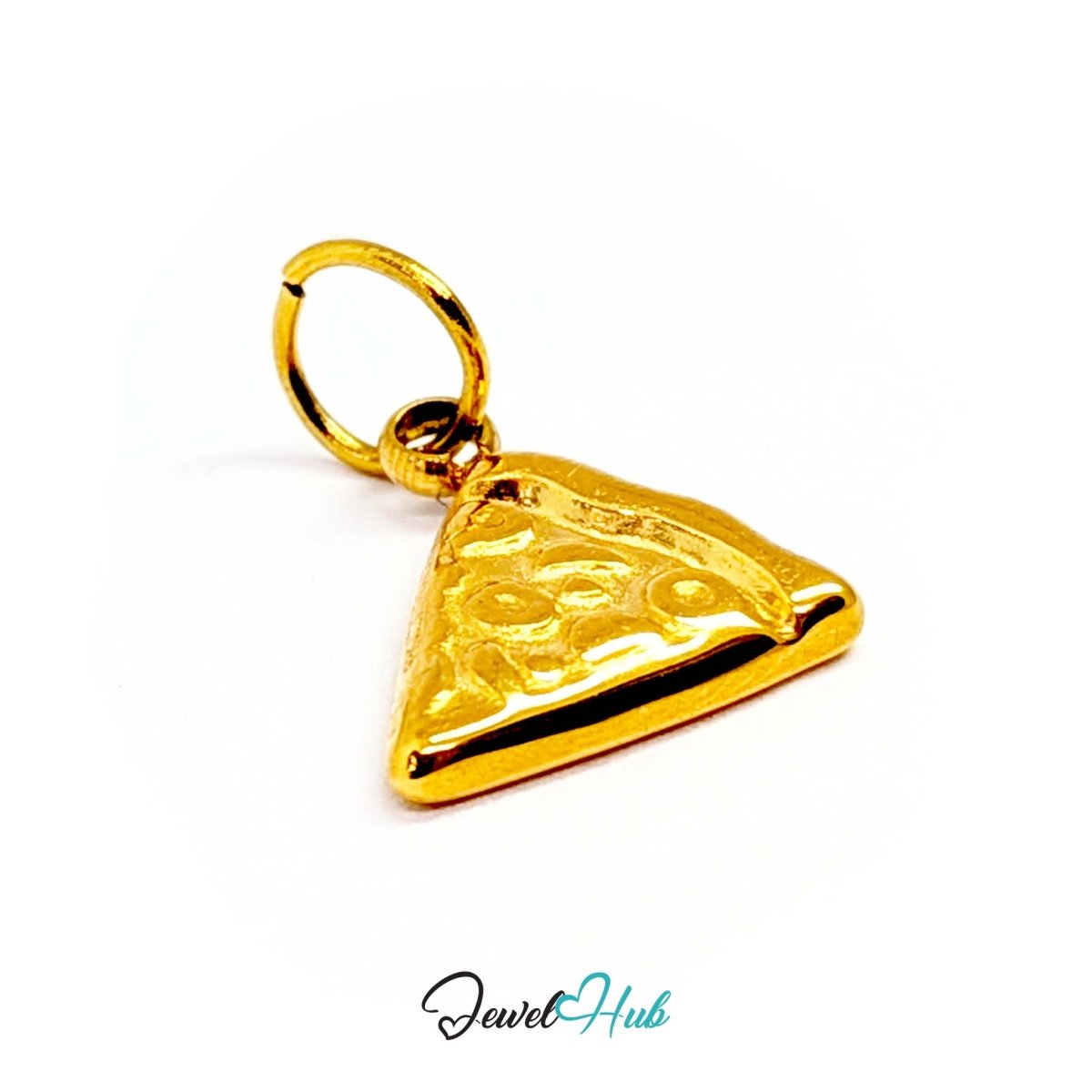 Embossed pizza slice charm in gold stainless steel - angled view - JewelHub