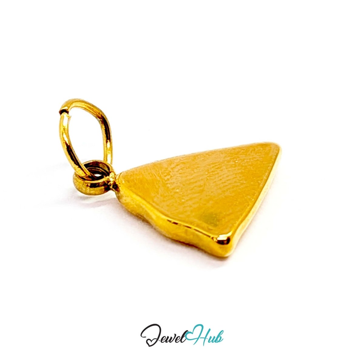 Embossed pizza slice charm in gold stainless steel - seen from the side - JewelHub