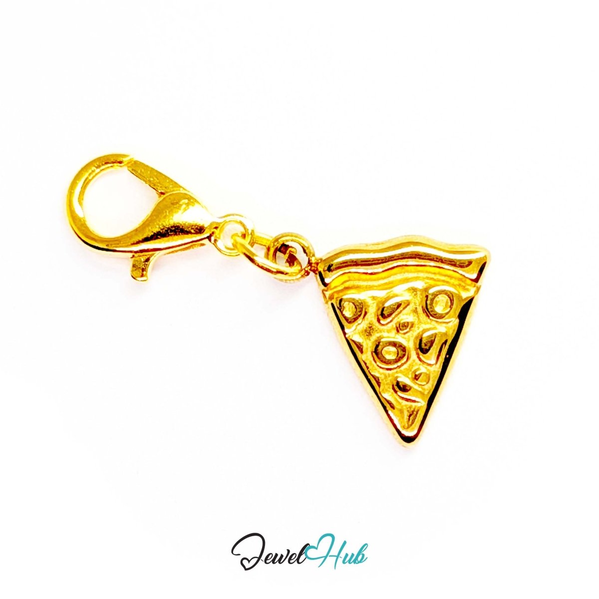 Embossed pizza slice charm in gold stainless steel - shown with the lobster clasp attached - JewelHub