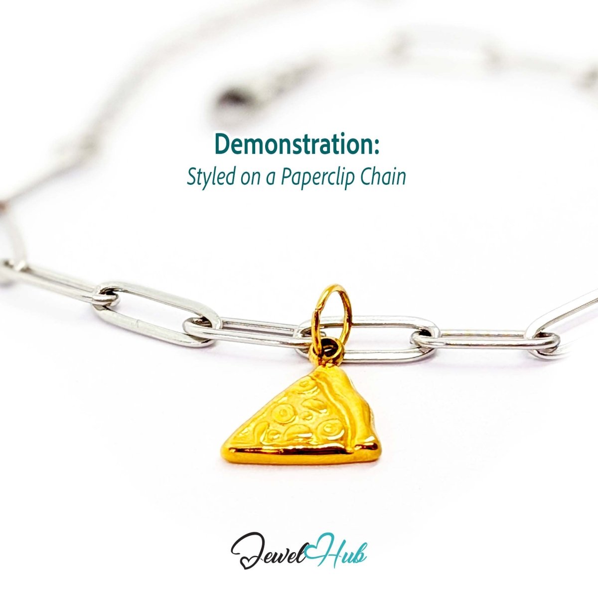 Embossed pizza slice charm in gold stainless steel - styled on a silver paperclip chain bracelet - JewelHub