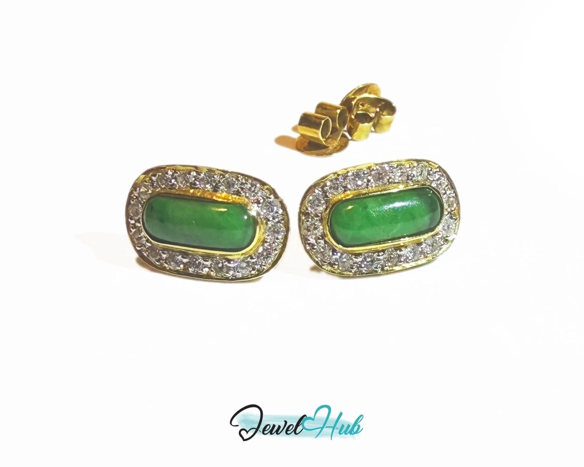 Emerald Green Jade Earrings surrounded with diamonds in 18k (750) Solid Gold - JewelHub.co.uk