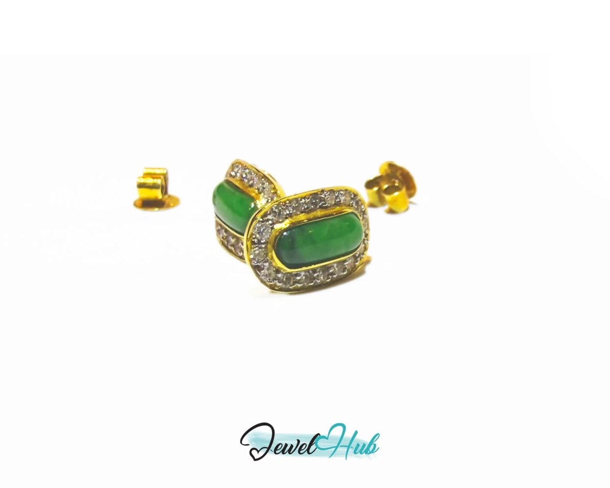 Emerald Green Jade Earrings surrounded with diamonds in 18k (750) Solid Gold - JewelHub.co.uk