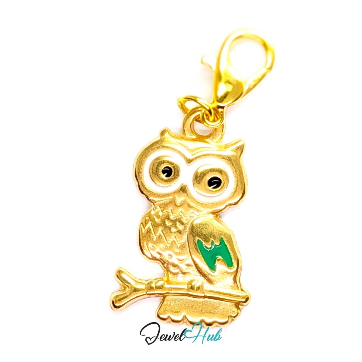 Gold Enamel Owl charm fitted with a lobster clasp, ready to clip onto a bracelet, bag or keyring - JewelHub