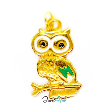 Enamel owl charm in gold stainless steel with white eyes and a green wing - JewelHub