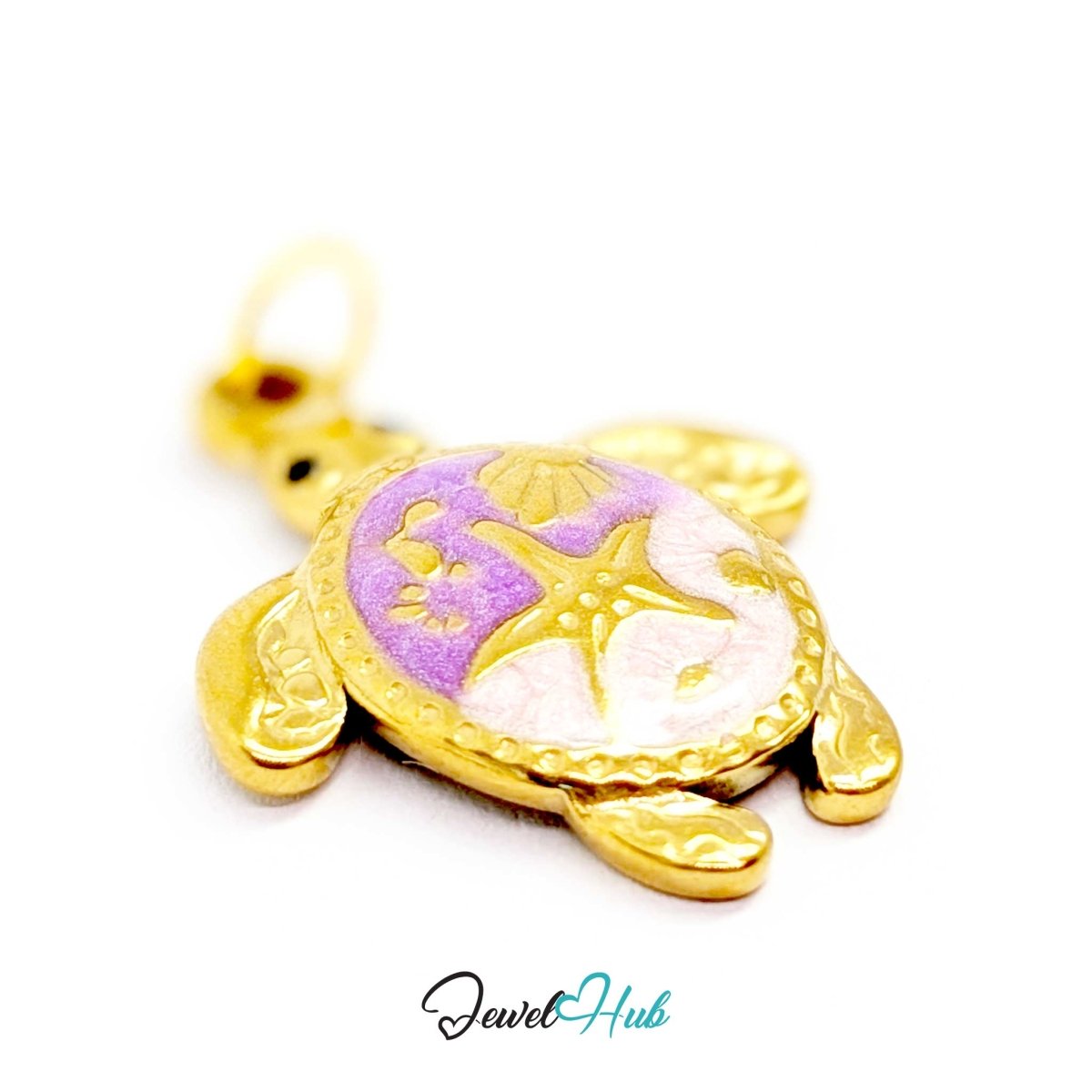 Purple enamel sea turtle charm angled to show the beaded gold shell rim - JewelHub