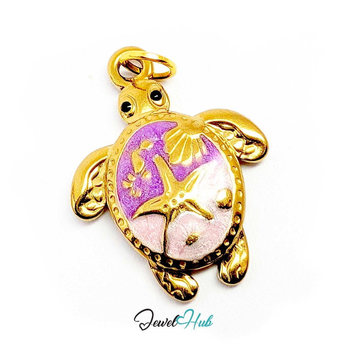 Purple enamel sea turtle charm showing the starfish and hibiscus raised in the shell - JewelHub