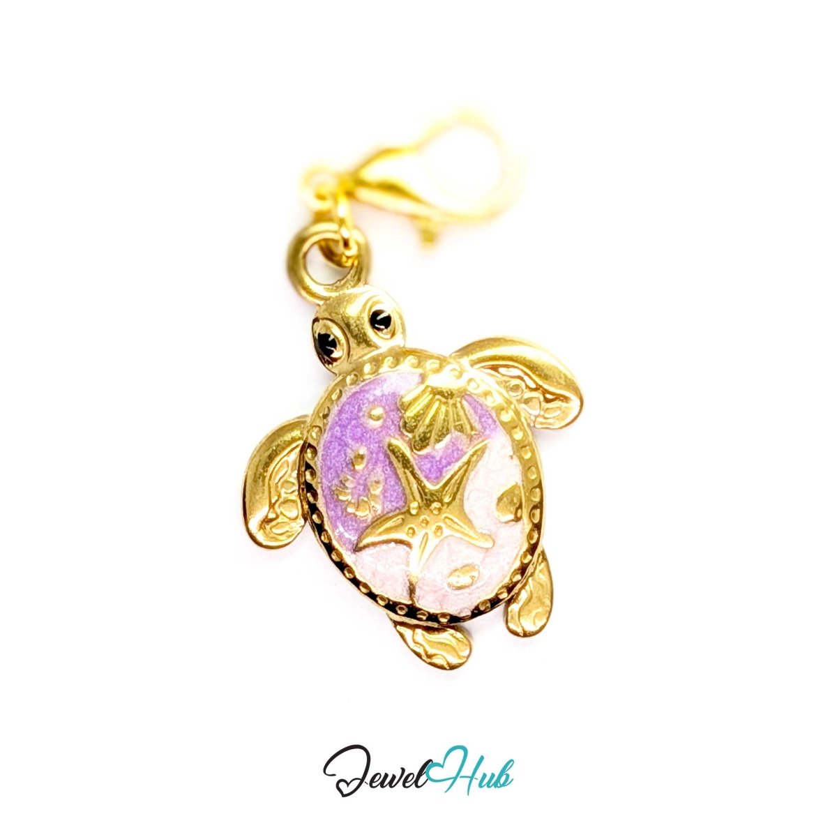 Gold Enamel Sea Turtle charm in Purple fitted with a lobster clasp, ready to clip onto a bracelet or bag - JewelHub