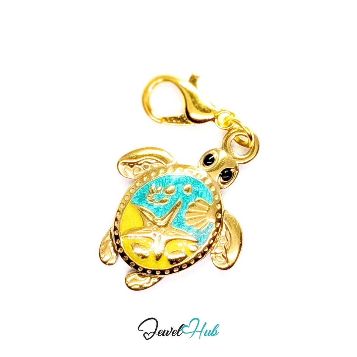 Gold Enamel Sea Turtle charm in Turquoise fitted with a lobster clasp, ready to clip onto a bracelet or bag - JewelHub