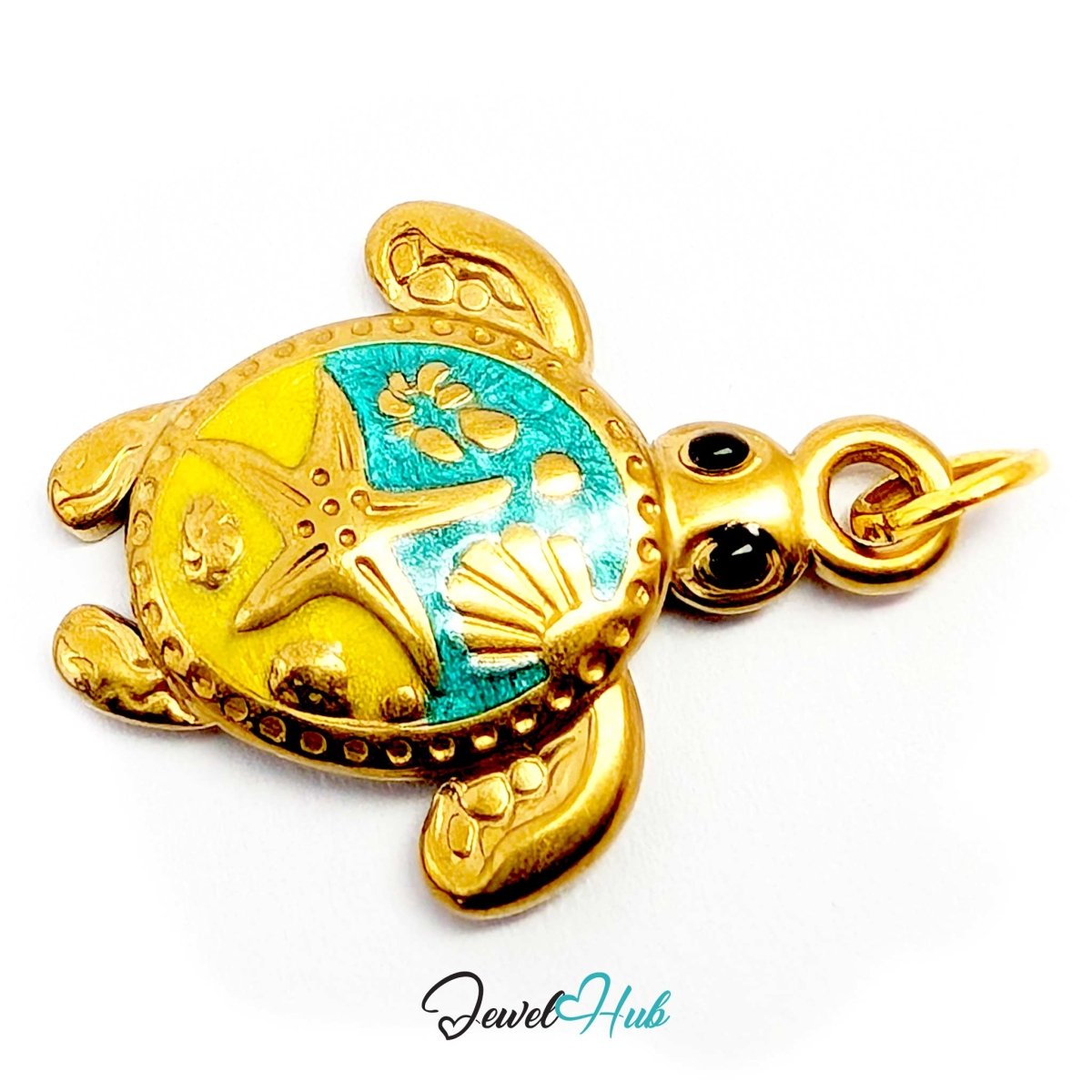 Turquoise enamel sea turtle charm showing the starfish and hibiscus raised in the shell - JewelHub