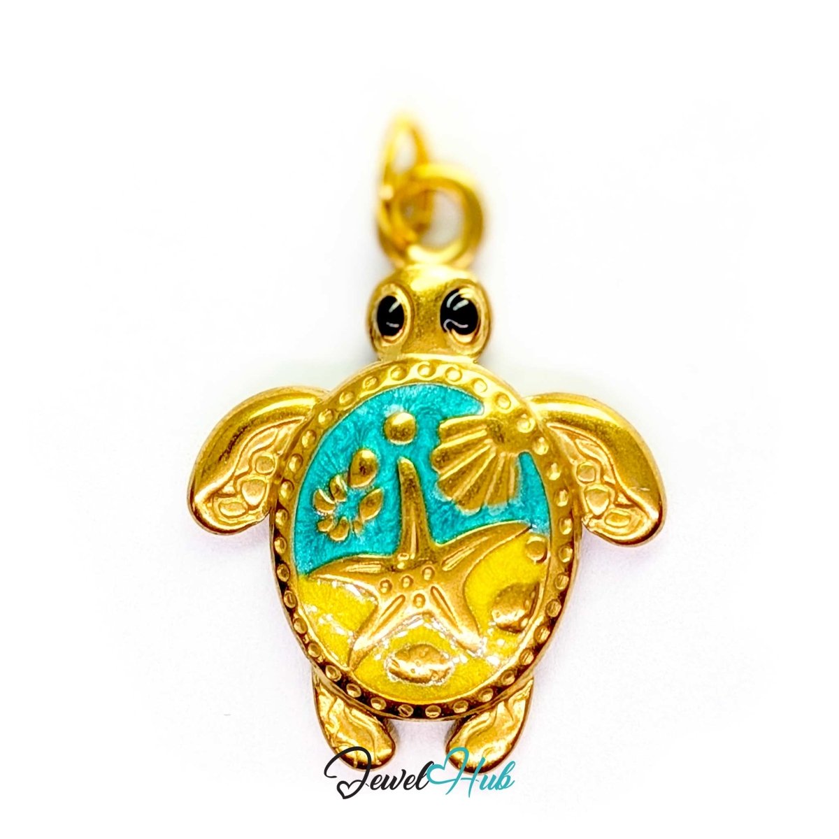 Sea turtle charm in gold stainless steel with a turquoise and yellow enamel shell - JewelHub