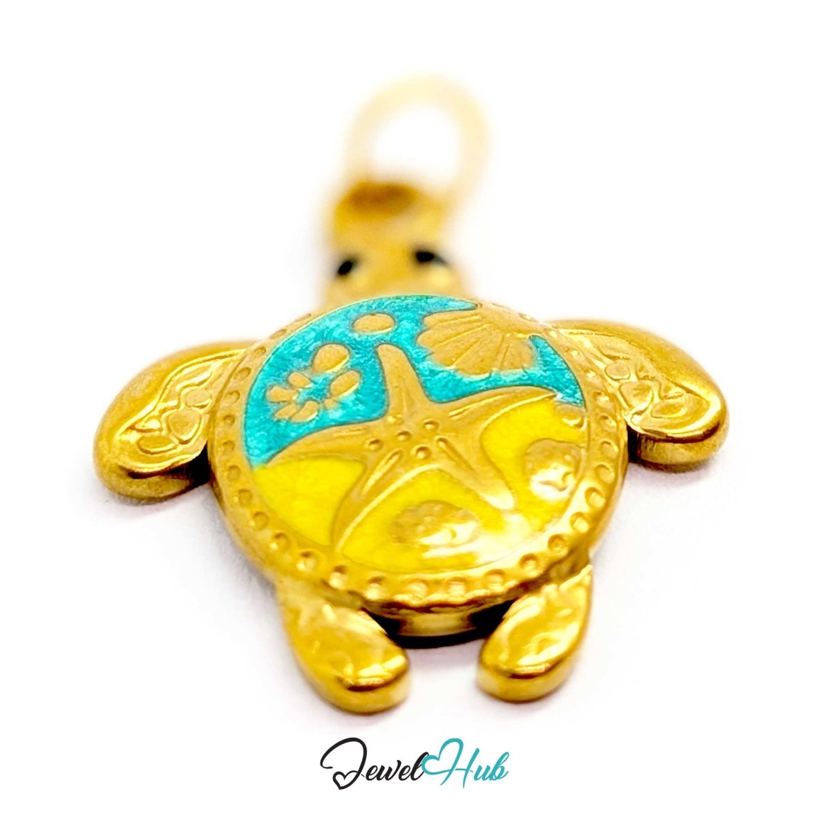 Turquoise enamel sea turtle charm angled to show the beaded gold shell rim - JewelHub