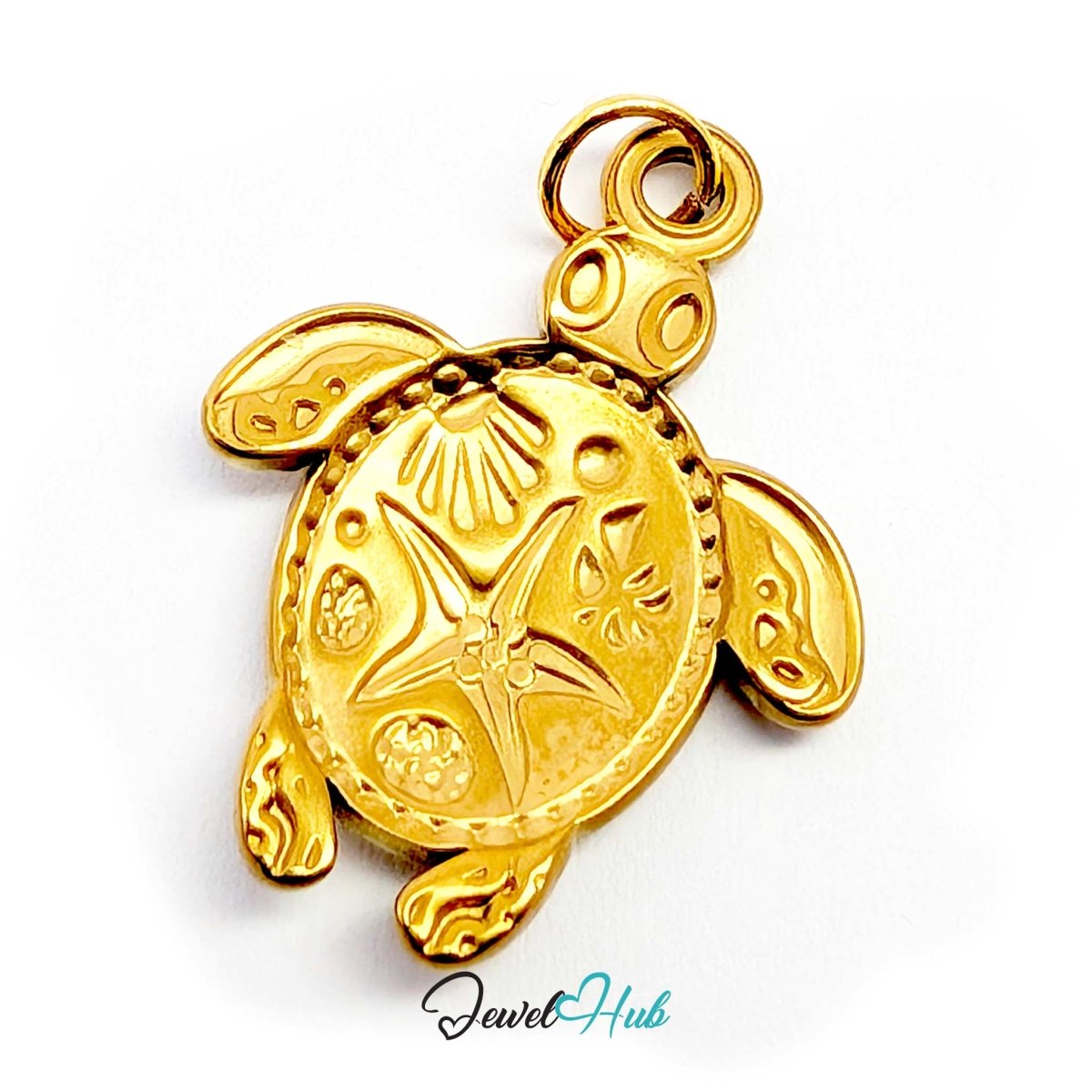 Turquoise sea turtle charm from behind, showing the patterned gold flippers - JewelHub